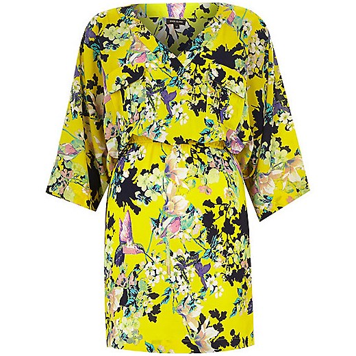 Yellow crepe floral print kimono dress river-island zielony kimono