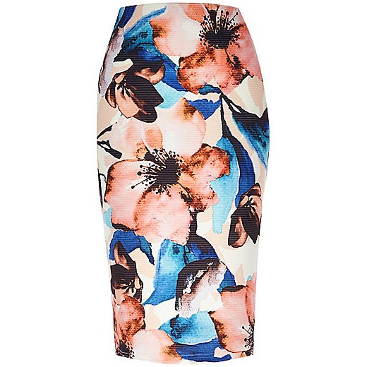 Pink floral print pull on skirt river-island bezowy kwiatowy