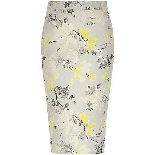 Yellow floral print jersey pencil skirt river-island zielony kwiatowy