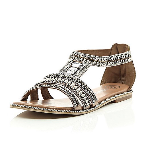 Pink leather bead and gem sandals river-island brazowy skóra