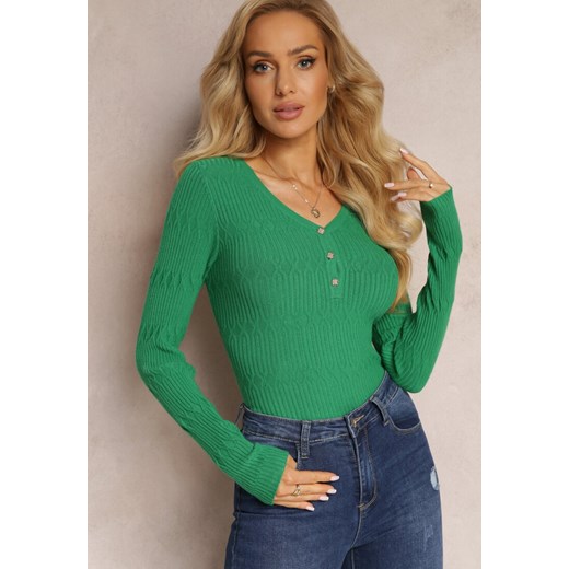 Zielony Sweter z Guzikami i Prążkowanej Dzianiny Albert ze sklepu Renee odzież w kategorii Swetry damskie - zdjęcie 163434894