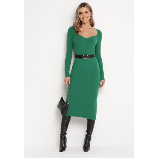 Zielona Sukienka o Ołówkowym Fasonie z Prążkowanej Dzianiny Xamelina ze sklepu Born2be Odzież w kategorii Sukienki - zdjęcie 163444471