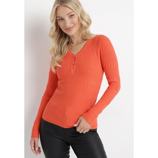 Pomarańczowy Sweter z Prążkowanej Dzianiny Roche ze sklepu Born2be Odzież w kategorii Swetry damskie - zdjęcie 163444671