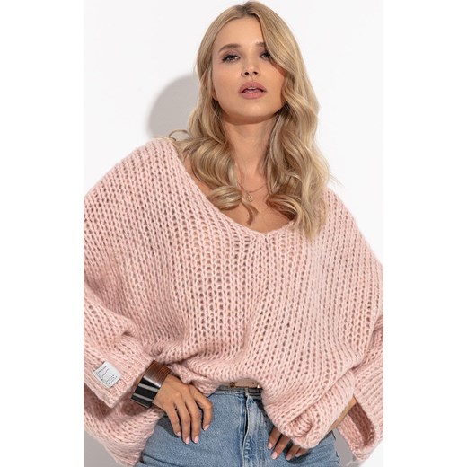Sweter z wełną w kolorze pudrowym F1256, Kolor róż pudrowy, Rozmiar XS/S, Fobya ze sklepu Primodo w kategorii Swetry damskie - zdjęcie 163463860