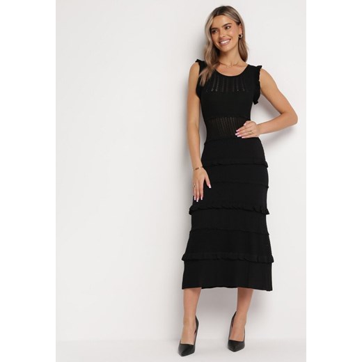 Czarna Sweterkowa Sukienka Midi z Falbankami Gadise ze sklepu Born2be Odzież w kategorii Sukienki - zdjęcie 163502120