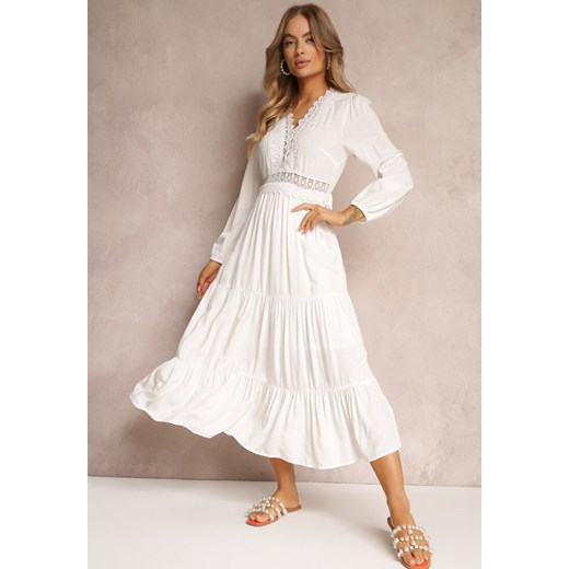 Biała Sukienka Rozkloszowana z Falbanką i Koronką Kiaya ze sklepu Renee odzież w kategorii Sukienki - zdjęcie 163561284