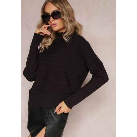 Czarny Asymetryczny Sweter z Wełną Ozdobiony Tłoczeniem Aurorrsa ze sklepu Renee odzież w kategorii Swetry damskie - zdjęcie 163564651