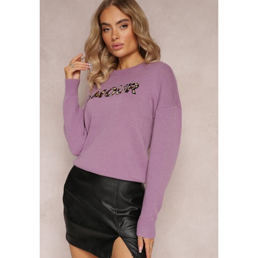 Fioletowy Sweter z Naszywkami z Napisem Amour Mavilla ze sklepu Renee odzież w kategorii Swetry damskie - zdjęcie 163571033