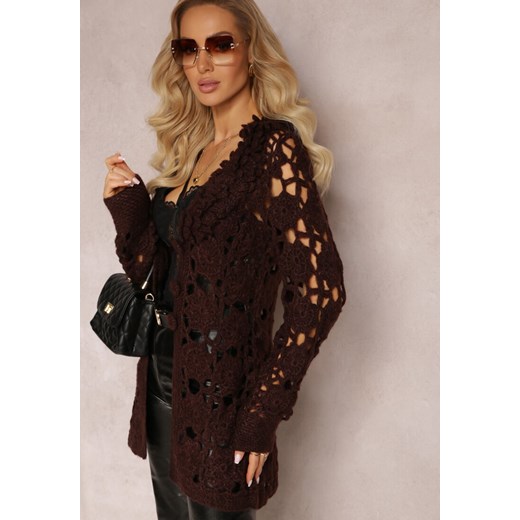 Ciemnobrązowy Ażurowy Kardigan z Wiązanym Paskiem Petrame ze sklepu Renee odzież w kategorii Swetry damskie - zdjęcie 163571512
