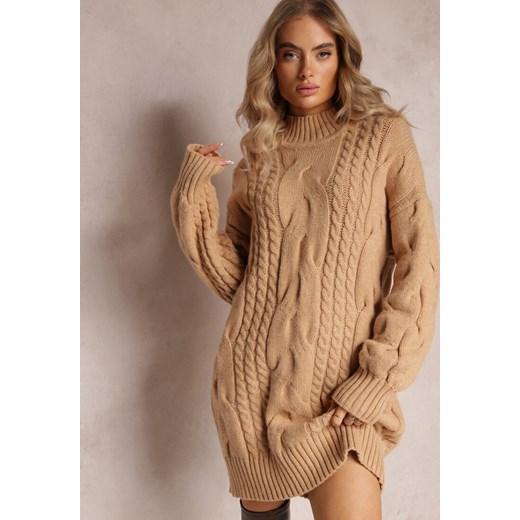 Beżowy Długi Sweter o Luźnym Kroju z Warkoczykowym Splotem Penerria ze sklepu Renee odzież w kategorii Swetry damskie - zdjęcie 163571522
