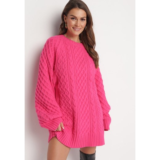 Fuksjowy Sweter o Wydłużonym Fasonie z Modnym Splotem Ahexa ze sklepu Born2be Odzież w kategorii Swetry damskie - zdjęcie 163584192