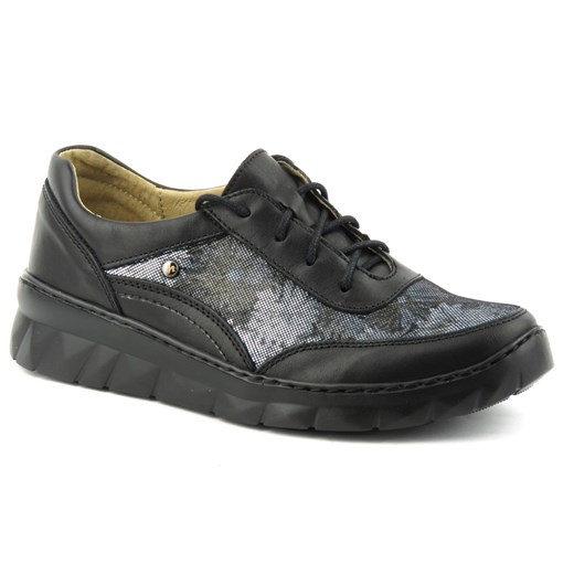 Skórzane sneakersy damskie z ozdobnymi kwiatami - Helios Komfort 360, czarne Helios Komfort 40 promocyjna cena ulubioneobuwie