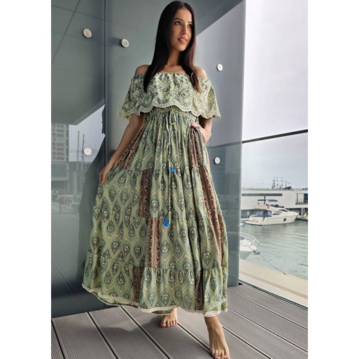 422 Maxi Sukienka Jedwab Toluca Green Boho World S/M wyprzedaż Ligari