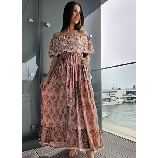 422 Maxi Sukienka Jedwab Toluca Puder Boho World M/L okazyjna cena Ligari