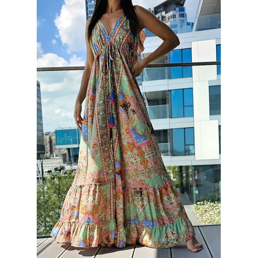 923 Maxi Sukienka Boho Jedwab Charell Green Boho World S/M Ligari okazja