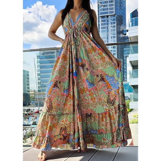 923 Maxi Sukienka Boho Jedwab Charell Green Boho World S/M Ligari okazyjna cena