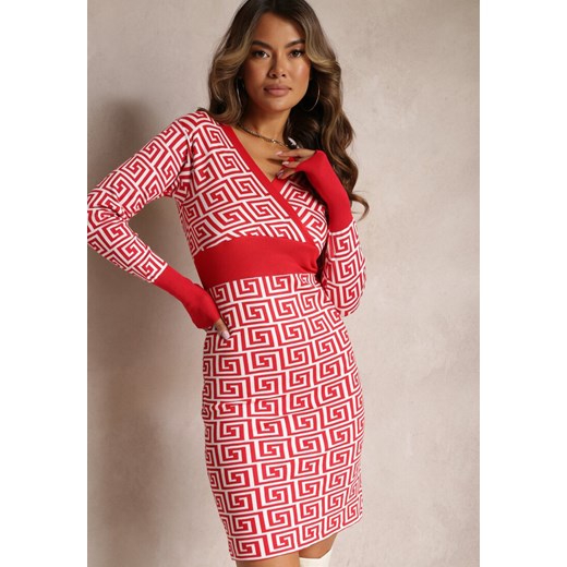Czerwona Sukienka Mini ze Sweterkowej Dzianiny z Geometrycznym Wzorem Manounetta ze sklepu Renee odzież w kategorii Sukienki - zdjęcie 163588253