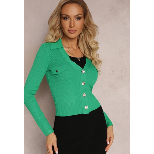 Zielony Kardigan na Guziki z Trójkątnym Dekoltem Emlina ze sklepu Renee odzież w kategorii Swetry damskie - zdjęcie 163592624