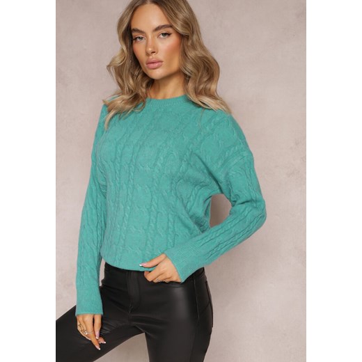 Zielony Sweter z Okrągłym Dekoltem i Splotem w Warkocze Dawnitta ze sklepu Renee odzież w kategorii Swetry damskie - zdjęcie 163592764