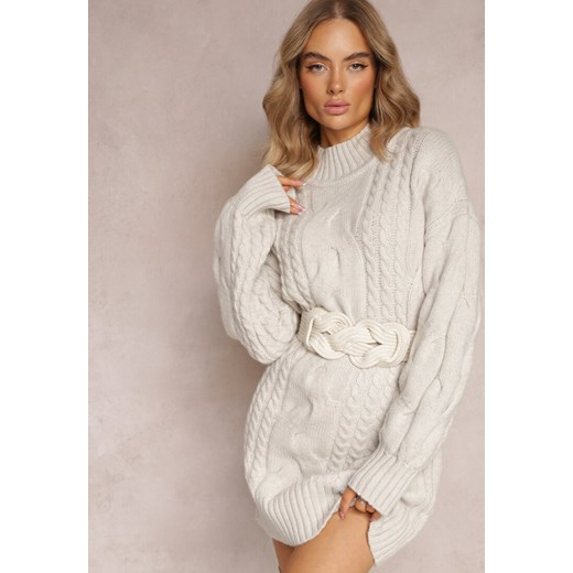 Jasnoszary Długi Sweter o Luźnym Kroju z Warkoczykowym Splotem Penerria ze sklepu Renee odzież w kategorii Swetry damskie - zdjęcie 163592844