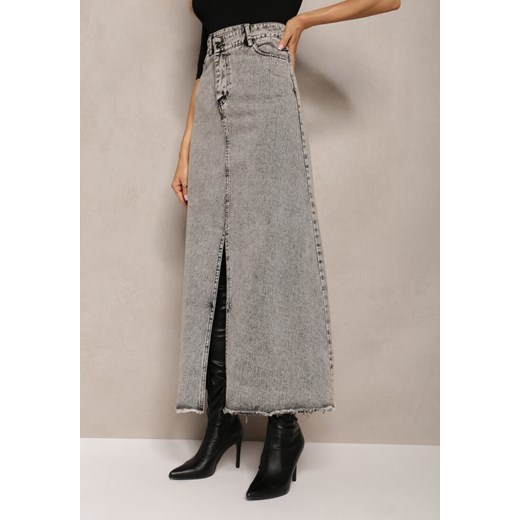 Szara Postrzępiona Spódnica Maxi z Jeansu z Rozcięciem Feedi ze sklepu Renee odzież w kategorii Spódnice - zdjęcie 163592992