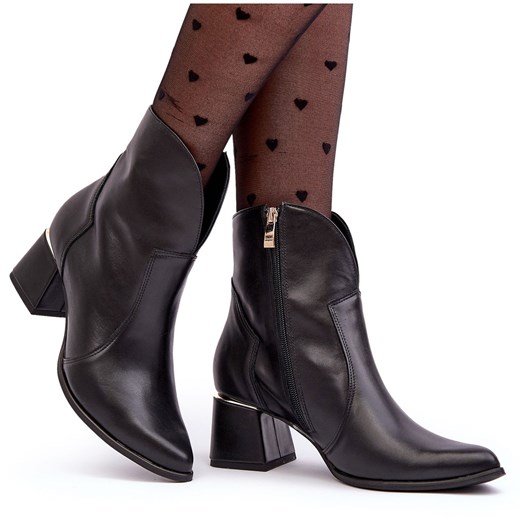Lewski Shoes Skórzane Botki Kowbojki Damskie Na Obcasie Czarne Lewski 3166/B/2 Lewski Shoes 36 ButyModne.pl