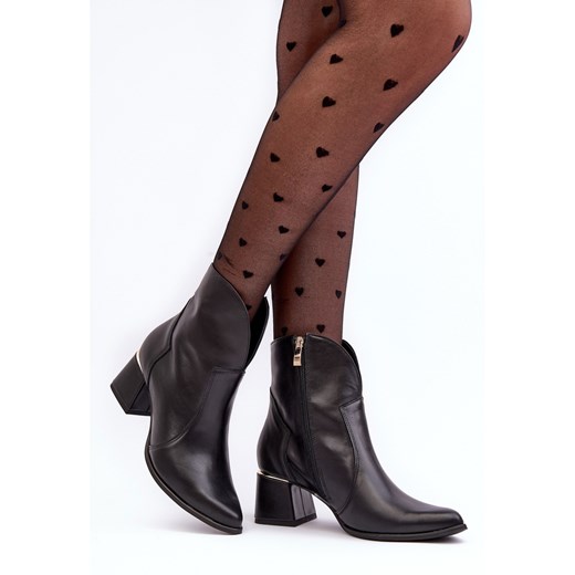 Lewski Shoes Skórzane Botki Kowbojki Damskie Na Obcasie Czarne Lewski 3166/B/2 Lewski Shoes 36 ButyModne.pl