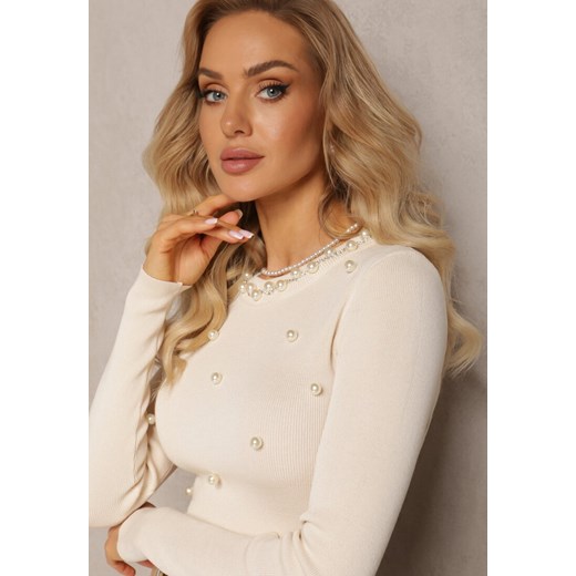 Beżowy Sweter z Prążkowanej Dzianiny w Perły i Cyrkonie Cadana Renee S okazyjna cena Renee odzież