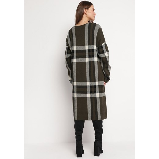 Ciemnozielona Sukienka Sweterkowa Ozdobiona Wzorem w Szeroką Kratę Arifima L wyprzedaż Born2be Odzież