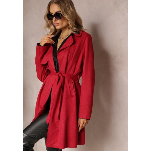 Czerwony Płaszcz z Guzikami i Paskiem Michellas ze sklepu Renee odzież w kategorii Płaszcze damskie - zdjęcie 163646600