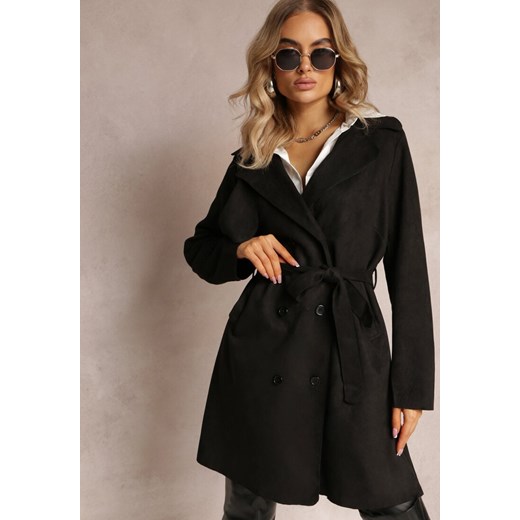 Czarny Płaszcz z Guzikami i Paskiem Michellas ze sklepu Renee odzież w kategorii Płaszcze damskie - zdjęcie 163646603