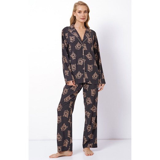 Wzorzysta koszulowa piżama damska Taya Long, Kolor czarny-wzór, Rozmiar XS, Aruelle ze sklepu Intymna w kategorii Piżamy damskie - zdjęcie 163646893