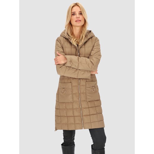 Beżowa kurtka pikowana w kwadraty Perso ze sklepu Eye For Fashion w kategorii Płaszcze damskie - zdjęcie 163649962