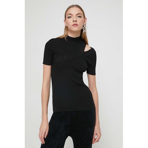 HUGO t-shirt damski kolor czarny z półgolfem M ANSWEAR.com