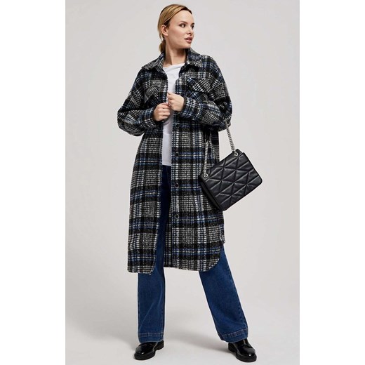 Długi jednorzędowy płaszcz w kratę 4203, Kolor czarny-wzór, Rozmiar XS, Moodo ze sklepu Primodo w kategorii Płaszcze damskie - zdjęcie 163658841