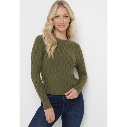 Zielony Klasyczny Sweter z Tłoczonym Zdobieniem Nainea ze sklepu Born2be Odzież w kategorii Swetry damskie - zdjęcie 163666220