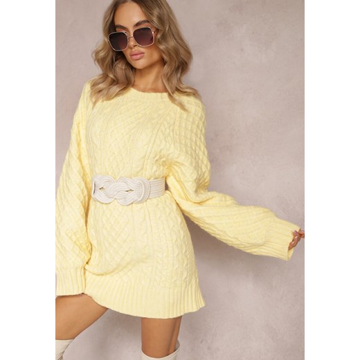 Żółty Długi Sweter Ozdobiony Drobnym Splotem Killoe ze sklepu Renee odzież w kategorii Swetry damskie - zdjęcie 163666352