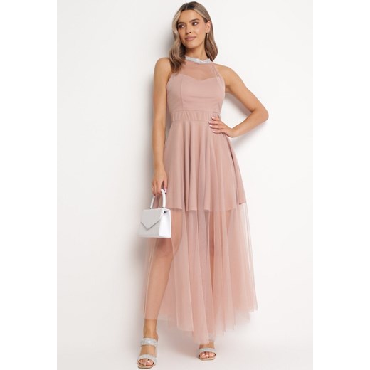 Różowa Rozkloszowana Sukienka Maxi z Tiulem i Cyrkoniami Lilianie ze sklepu Born2be Odzież w kategorii Sukienki - zdjęcie 163824270