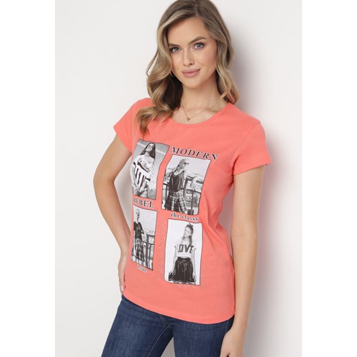 Pomarańczowy Bawełniany T-shirt z Nadrukiem i Brokatem Kruita ze sklepu Born2be Odzież w kategorii Bluzki damskie - zdjęcie 163824374