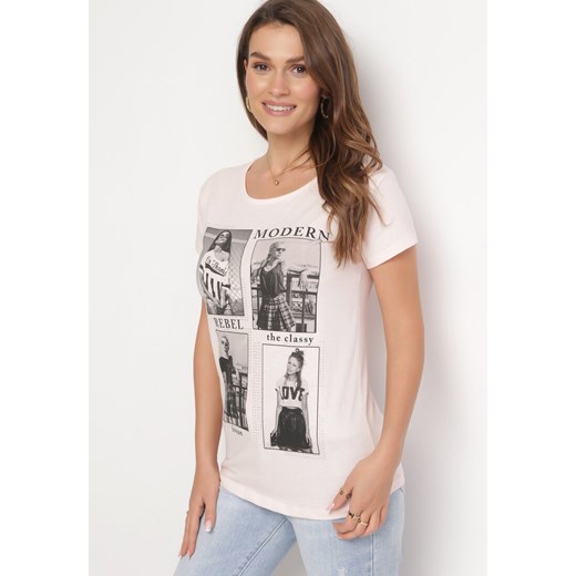 Jasnoróżowy Bawełniany T-shirt z Nadrukiem i Brokatem Kruita ze sklepu Born2be Odzież w kategorii Bluzki damskie - zdjęcie 163824384