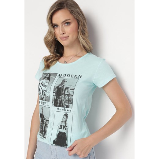 Miętowy Bawełniany T-shirt z Nadrukiem i Brokatem Kruita ze sklepu Born2be Odzież w kategorii Bluzki damskie - zdjęcie 163824404