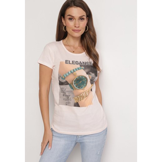 Jasnoróżowy Bawełniany T-shirt z Prostokątnym Nadrukiem i Brokatem Silpa ze sklepu Born2be Odzież w kategorii Bluzki damskie - zdjęcie 163824414