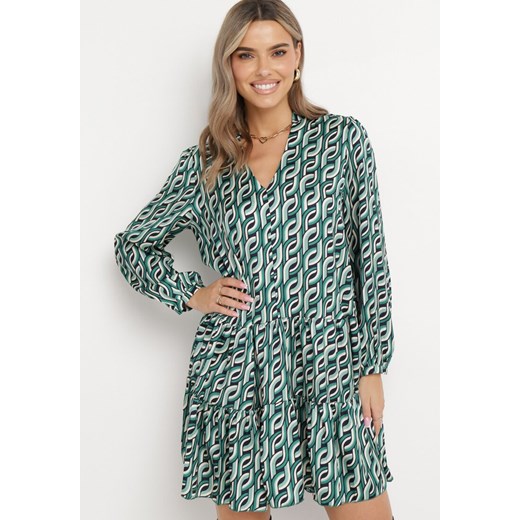 Zielona Rozkloszowana Sukienka Mini z Falbanką Naike ze sklepu Born2be Odzież w kategorii Sukienki - zdjęcie 163824444