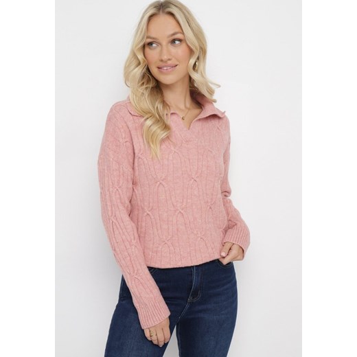 Różowy Klasyczny Sweter w Ozdobny Splot Mulls ze sklepu Born2be Odzież w kategorii Swetry damskie - zdjęcie 163824574