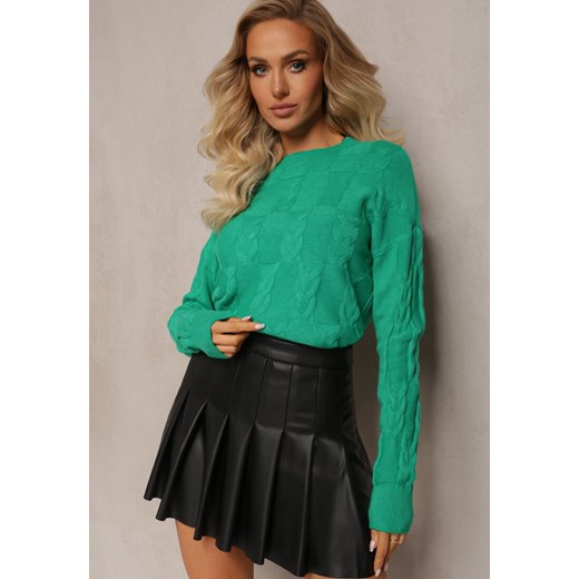 Zielony Warkoczowy Sweter z Długim Rękawem i Ściągaczami Kaviss ze sklepu Renee odzież w kategorii Swetry damskie - zdjęcie 163833893