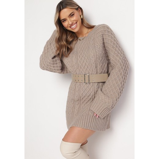 Ciemnobeżowy Sweter o Wydłużonym Fasonie z Modnym Splotem Ahexa ze sklepu Born2be Odzież w kategorii Swetry damskie - zdjęcie 163859013