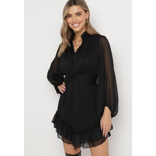 Czarna Rozkloszowana Sukienka z Falbanką Harlin ze sklepu Born2be Odzież w kategorii Sukienki - zdjęcie 163859070