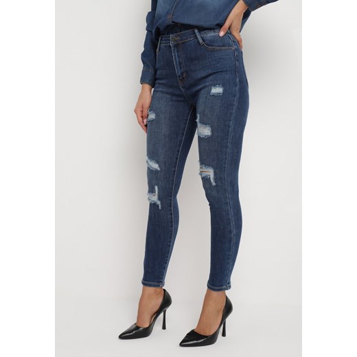 Granatowe Jeansy Skinny Ozdobione Przetarciami Malane ze sklepu Born2be Odzież w kategorii Jeansy damskie - zdjęcie 163885632