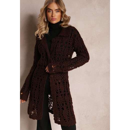 Ciemnobrązowy Luźny Kardigan Ażurowy na Guziki Sieneos ze sklepu Renee odzież w kategorii Swetry damskie - zdjęcie 163886434