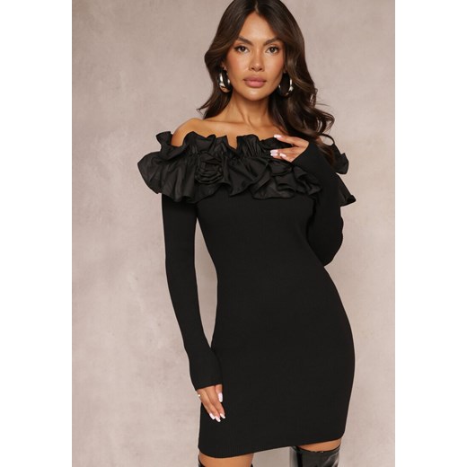 Czarna Hiszpanka Sukienka Mini z Falbankami i Kwiatami Balinorre ze sklepu Renee odzież w kategorii Sukienki - zdjęcie 163886544